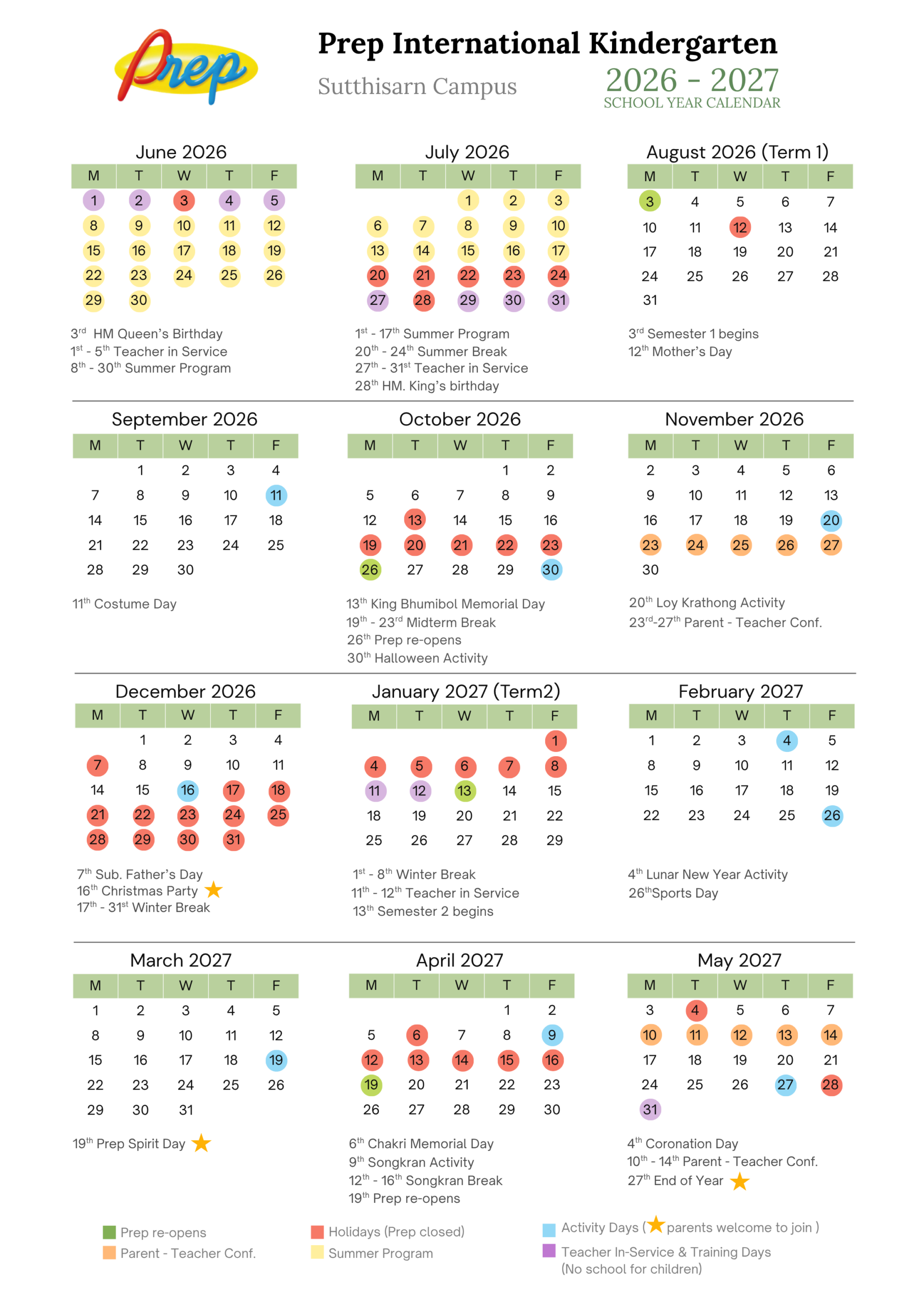 Sutthisarn Calendar for academic year 2026-27